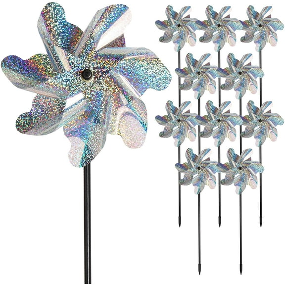 Bird Blinder Pinwheels, Effectively Keep Birds Away - Holographic Pin Wheels for Yard and Garden 20 inch Pinwheel Bird Deterrent, 10 Pack Garden Spinners