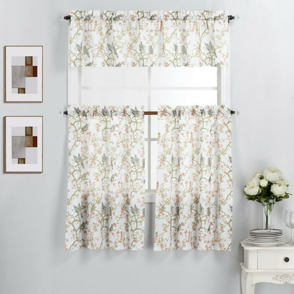 Bird Blossoms Coral Printed Kitchen Curtains, 58 x 14 in (3 Panels)