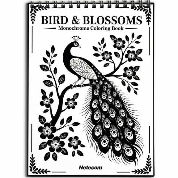 Bird & Blossoms Monochrome Coloring Book Spiral Bound for Adults, Softcover, Relaxing One-Color Illustrations with Stunning Bird, Floral Patterns, Garden Scenes for Mindfulness, Stress Relief