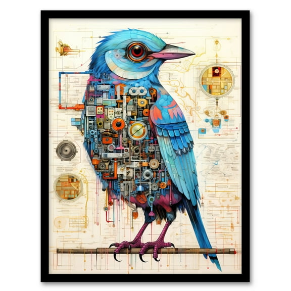 Bird Brain Robot Hybrid Schematic Blueprint Futuristic Secret Complex Arcane Manuscript Gift For Him Man Cave Art Print Framed Poster Wall Decor 12x16 inch