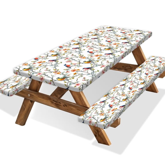 Bird Branch Picnic Table Cover with Bench Covers and Bag, Camping Essentials, Spring Summer Floral Waterproof Windproof, Fitted Tablecloth Cover with Elastic Edge for Outdoor Garden 3 PCS 30x72 Inch