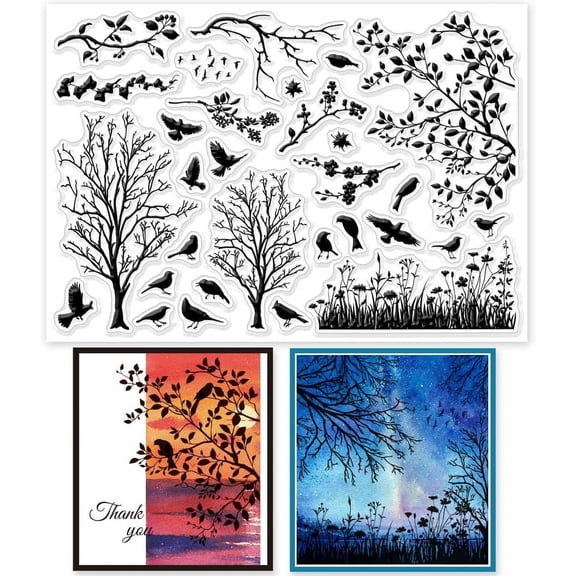 Bird Branch Silhouette Clear Stamps Birds Trees Clear Rubber Stamps Silicone Stamps for DIY Scrapbooking Photo Album Decorative Cards Making Home Decoration 8.35.8inch for diy