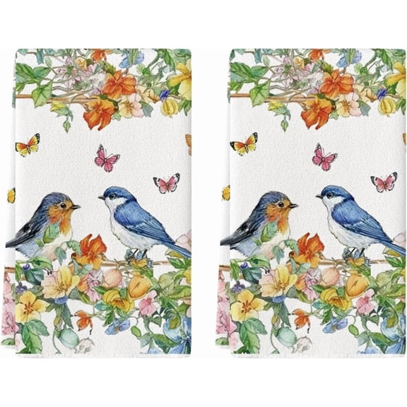 Bird Butterfly Floral Spring Kitchen Towels Dish Towels, 18x26 Inch Farmhouse Summer Decoration Cleaning Set of 2