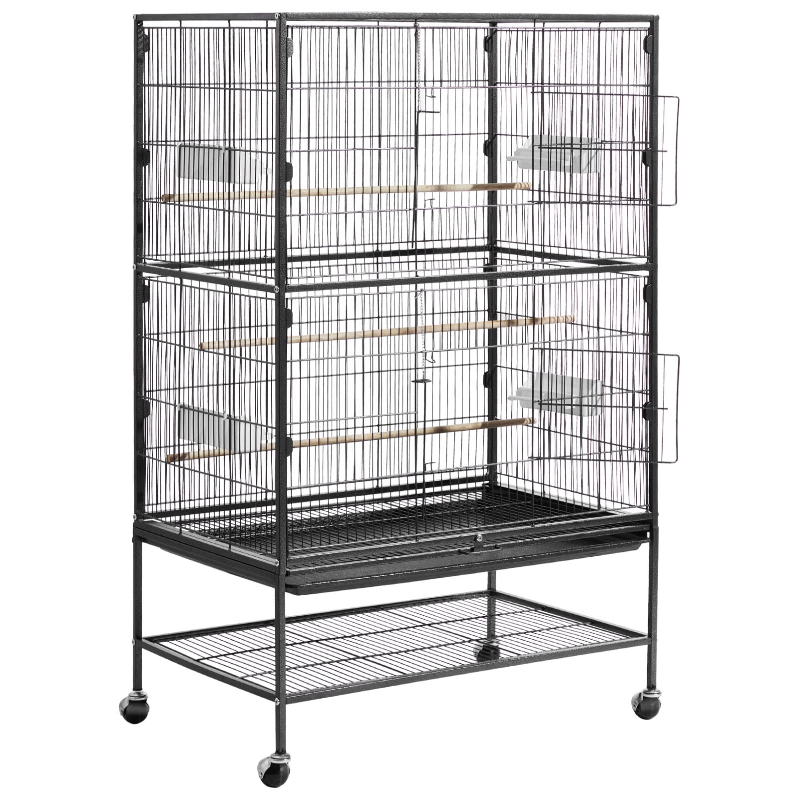 Bird Cage, 31.5 x 20.5 x 52 inch, Flat Top, Wrought Iron Bird Flight Cage with Perches, Slide-Out Tray and Plastic Feeders, Casters, for Parrot, Blue Tit, Cockatiel, Canary, and Monk Parakeet
