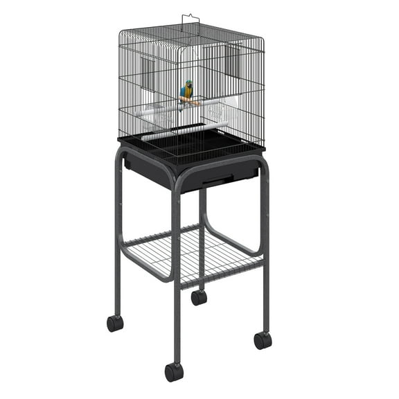 Bird Cage 45 Inch Metal Parrot Aviary, Rolling Stand & Basket - Black