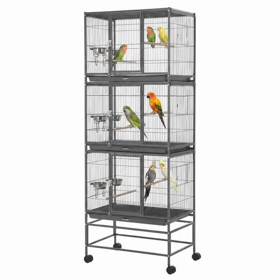 Bird Cage – 74 Inch Heavy Duty Carbon Steel, Large Flight Aviary with 3 Dividable Compartments – Removable Trays, Stackable Breeder Cage – for Parakeets, Cockatiels, Conures, Finches – Silver Black