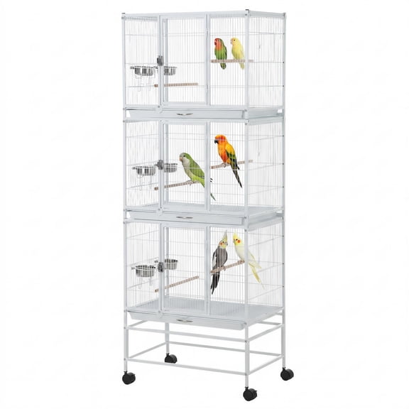 Bird Cage – 74 Inch Heavy Duty Carbon Steel, Large Flight Aviary with 3 Dividable Compartments – Removable Trays, Stackable Breeder Cage – for Parakeets, Cockatiels, Conures, Finches – Silver Black