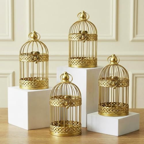 Bird Cage Decor Candle Holder Lantern Decorative Wedding Table Centerpiece Decorations, Gold, Small, Set of 4