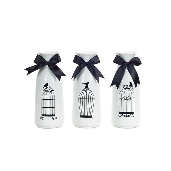 Bird Cage Design Milk Bottle w/Bow (Set of 3) 9"H Ceramic/Polyester