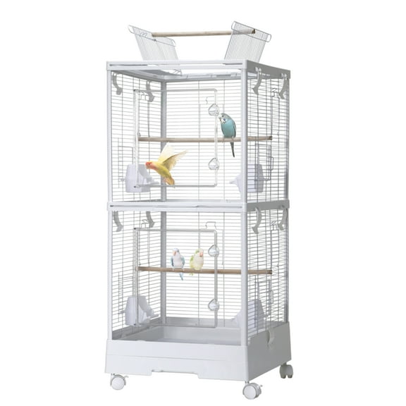 Bird Cage – Double-Layer with Transparent Panels, Removable Divider, Slide-Out Tray – Rolling Stand and 360° Wheels – for Parakeets, Canaries, Budgies, Lovebirds – White