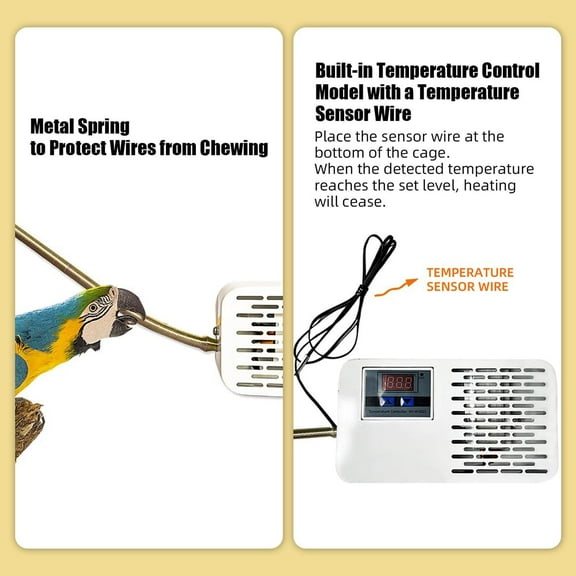 Bird Cage Heater with Adjustable Temperature Control for Parakeets and Parrots - No-Light Warming Device for Small to Large Cages