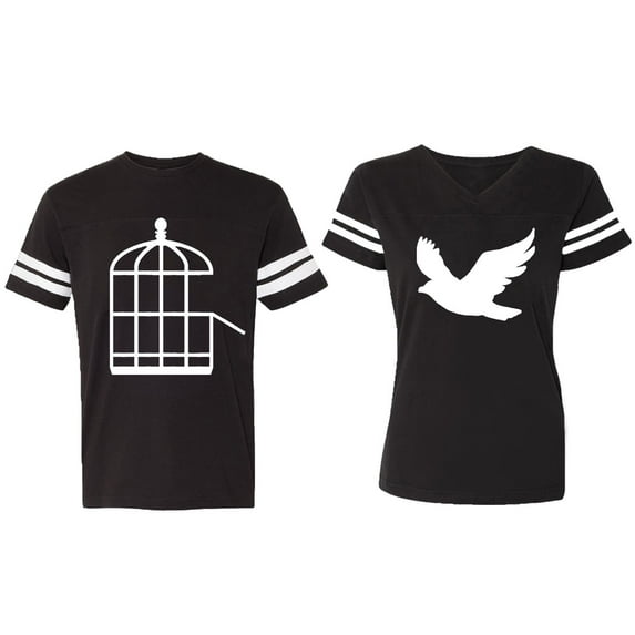 Bird Cage Matching Couple Cotton Jerseys (Men Black / Women Black) (Men XXL / Women S)