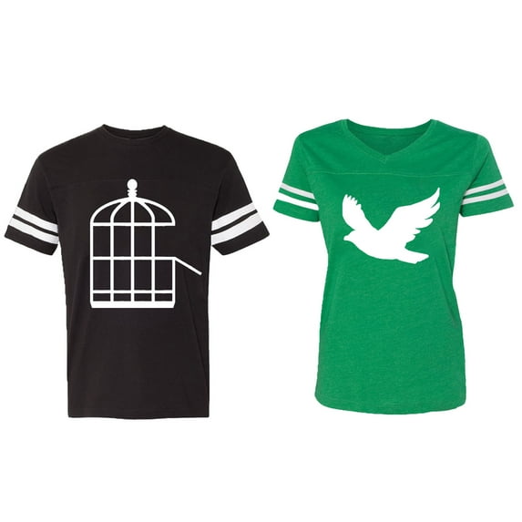 Bird Cage Matching Couple Cotton Jerseys (Men Black / Women Green) (Men L / Women XL)