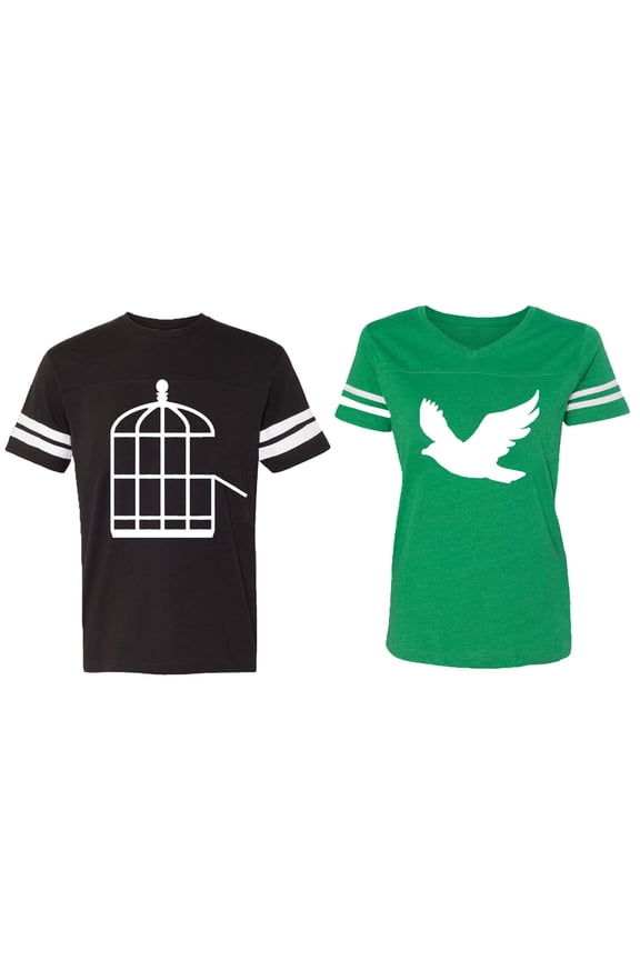 Bird Cage Matching Couple Cotton Jerseys (Men Black / Women Green) (Men XL / Women L)