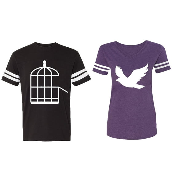 Bird Cage Matching Couple Cotton Jerseys (Men Black / Women Purple) (Men M / Women XXL)