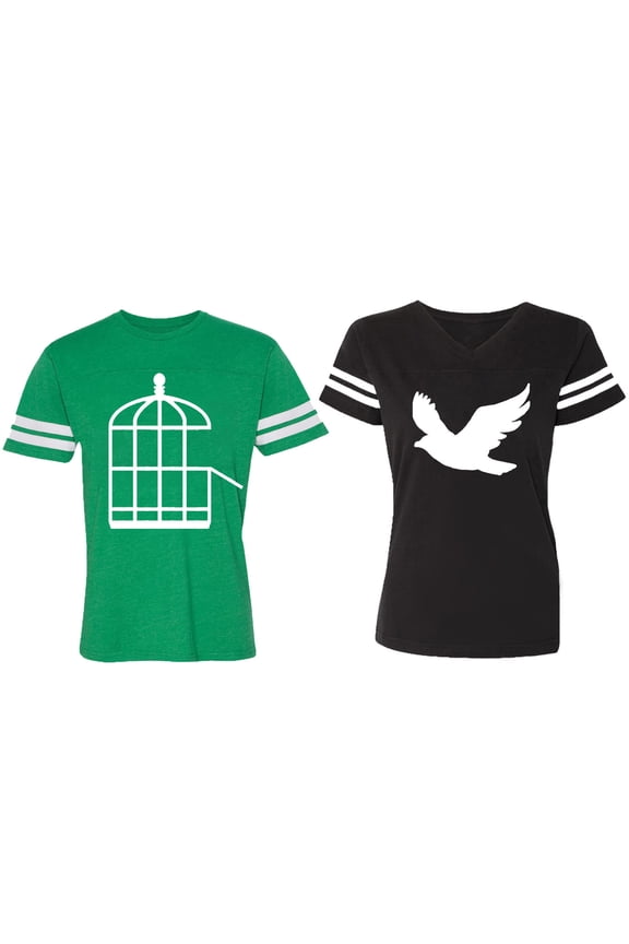 Bird Cage Matching Couple Cotton Jerseys (Men Green / Women Black) (Men S / Women S)