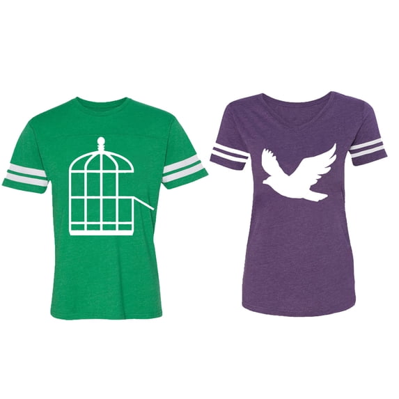 Bird Cage Matching Couple Cotton Jerseys (Men Green / Women Purple) (Men M / Women XXL)