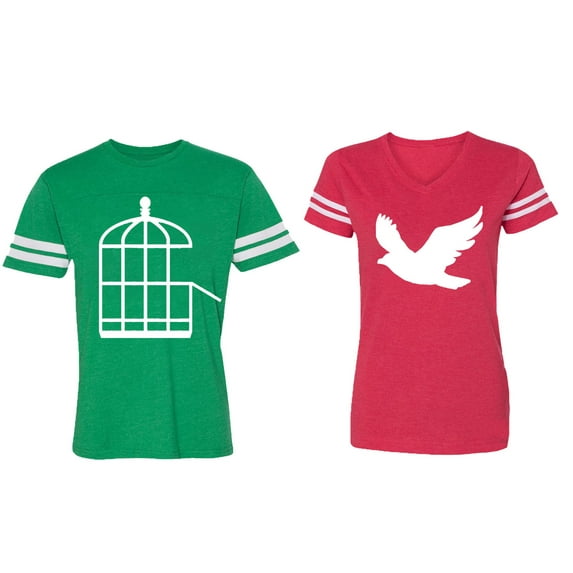 Bird Cage Matching Couple Cotton Jerseys (Men Green / Women Red) (Men XXL / Women S)