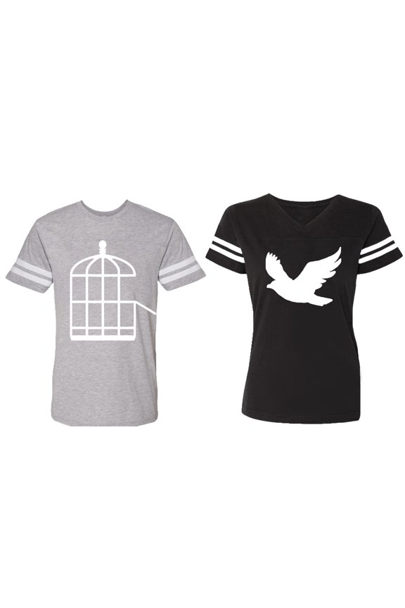 Bird Cage Matching Couple Cotton Jerseys (Men Heather / Women Black) (Men S / Women S)