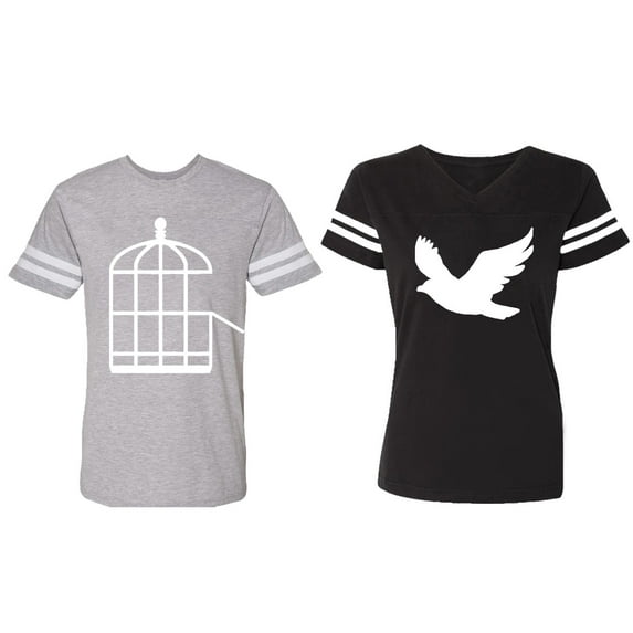 Bird Cage Matching Couple Cotton Jerseys (Men Heather / Women Black) (Men XXL / Women S)