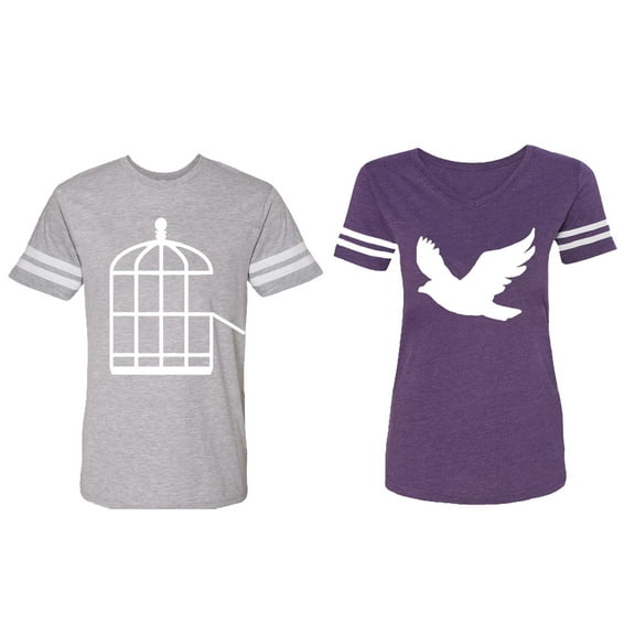 Bird Cage Matching Couple Cotton Jerseys (Men Heather / Women Purple) (Men L / Women XXL)