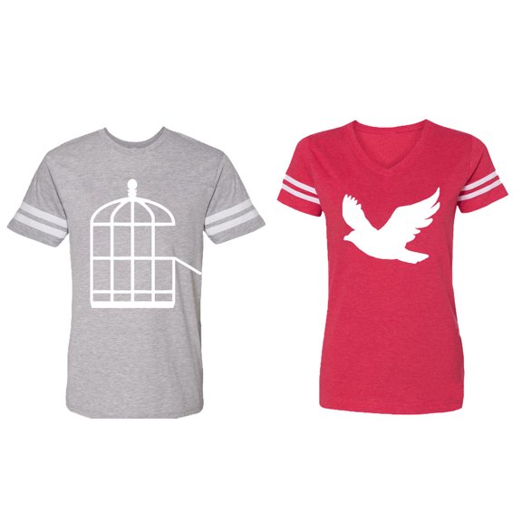 Bird Cage Matching Couple Cotton Jerseys (Men Heather / Women Red) (Men XL / Women S)
