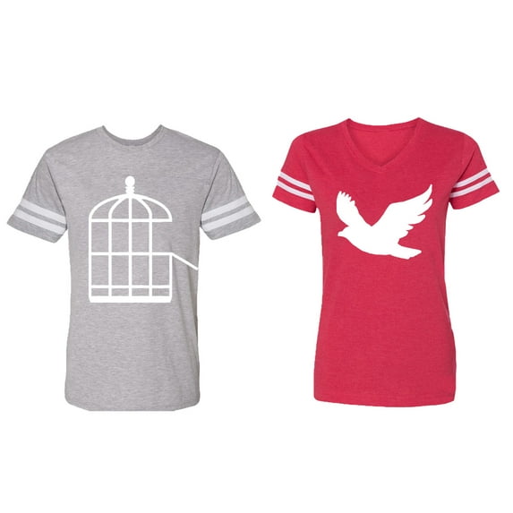 Bird Cage Matching Couple Cotton Jerseys (Men Heather / Women Red) (Men XXXL / Women XXL)