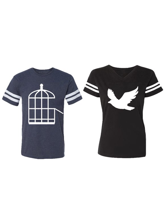 Bird Cage Matching Couple Cotton Jerseys (Men Navy / Women Black) (Men S / Women S)