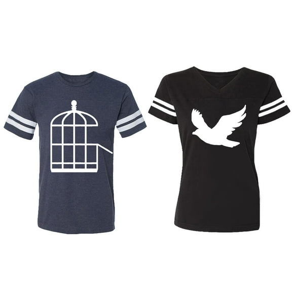 Bird Cage Matching Couple Cotton Jerseys (Men Navy / Women Black) (Men XXL / Women S)