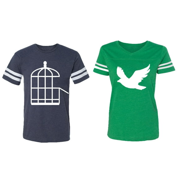 Bird Cage Matching Couple Cotton Jerseys (Men Navy / Women Green) (Men L / Women XXL)