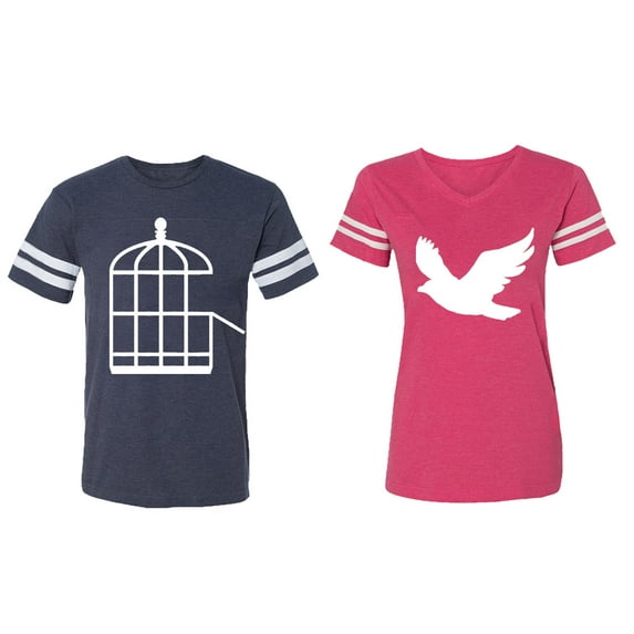 Bird Cage Matching Couple Cotton Jerseys (Men Navy / Women Pink) (Men M / Women L)