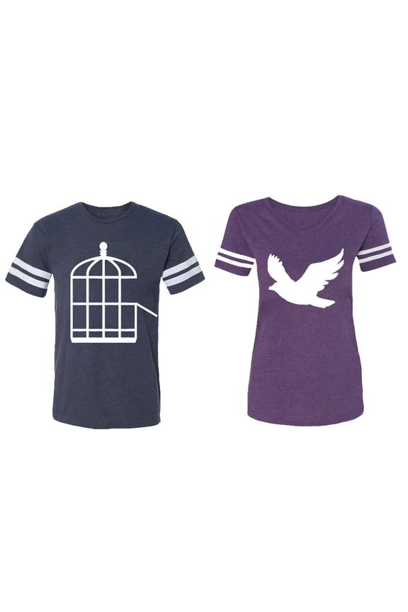 Bird Cage Matching Couple Cotton Jerseys (Men Navy / Women Purple) (Men M / Women M)