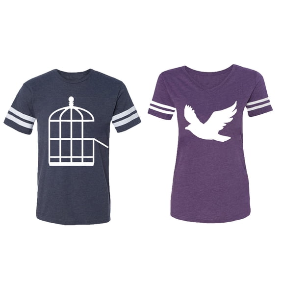 Bird Cage Matching Couple Cotton Jerseys (Men Navy / Women Purple) (Men M / Women XXL)