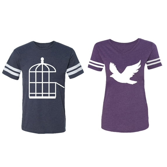 Bird Cage Matching Couple Cotton Jerseys (Men Navy / Women Purple) (Men XL / Women L)