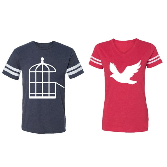 Bird Cage Matching Couple Cotton Jerseys (Men Navy / Women Red) (Men XXXL / Women XXL)