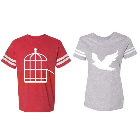 Bird Cage Matching Couple Cotton Jerseys (Men Red / Women Heather) (Men S / Women XL)