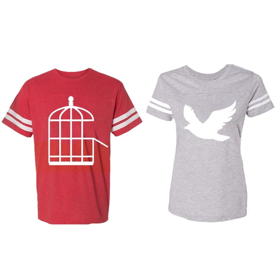 Bird Cage Matching Couple Cotton Jerseys (Men Red / Women Heather) (Men XXL / Women L)