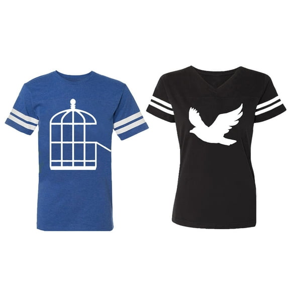 Bird Cage Matching Couple Cotton Jerseys (Men Royal / Women Black) (Men S / Women M)