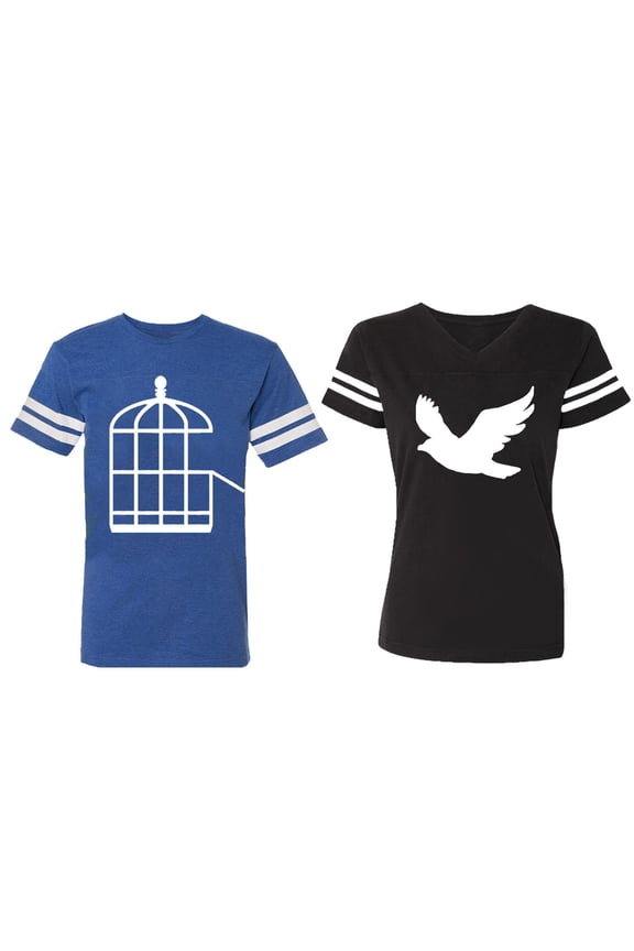 Bird Cage Matching Couple Cotton Jerseys (Men Royal / Women Black) (Men S / Women S)