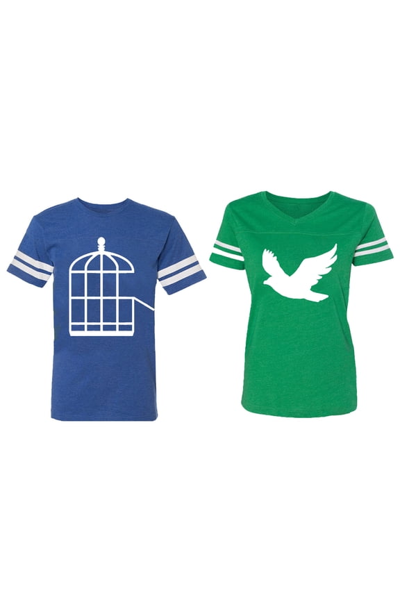 Bird Cage Matching Couple Cotton Jerseys (Men Royal / Women Green) (Men M / Women M)