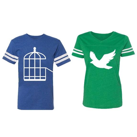 Bird Cage Matching Couple Cotton Jerseys (Men Royal / Women Green) (Men XXL / Women XXL)