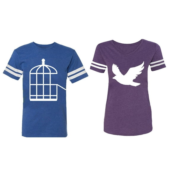 Bird Cage Matching Couple Cotton Jerseys (Men Royal / Women Purple) (Men XL / Women M)