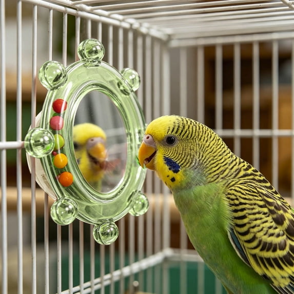 Bird Cage Mirror Toy with Rotating Bell Beads Interactive Parrot Chewing Toy Bird Playground Easy Mount Hanging Parrot Cage Accessory for Budgies Lovebirds Conures Cockatiels