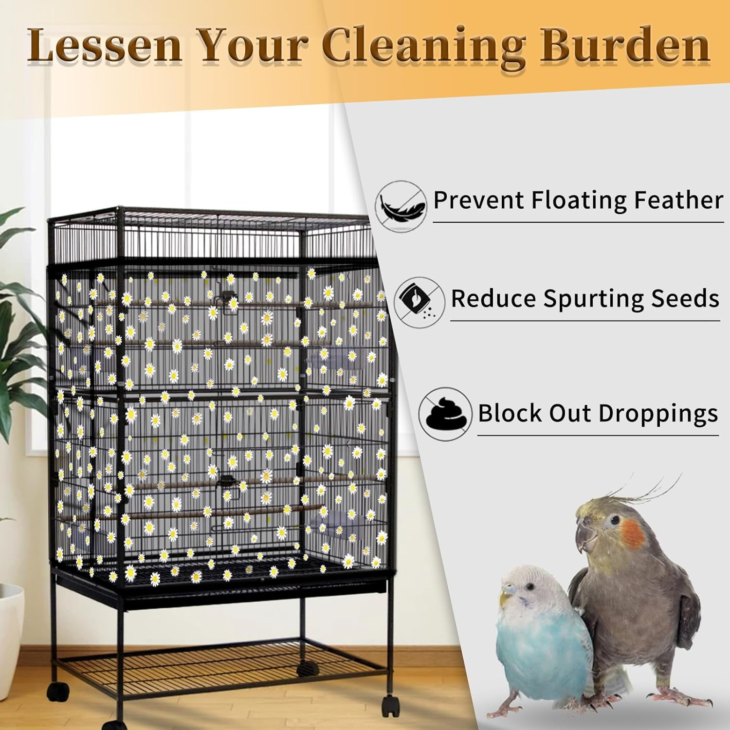 Picture of Bird Cage Seed Catcher, Adjustable Nylon Mesh Cover Skirt for Parrot ...