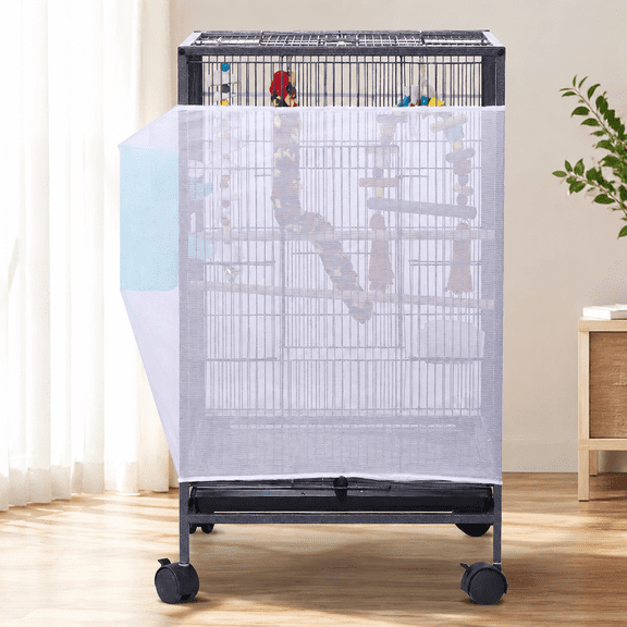 Bird Cage Seed Catcher, Large Bird Cage Cover, Adjustable Soft Airy Nylon Mesh Net, Birdcage Cover Skirt Seed Guard for Parrot Parakeet Macaw African Round Square Cages (White)