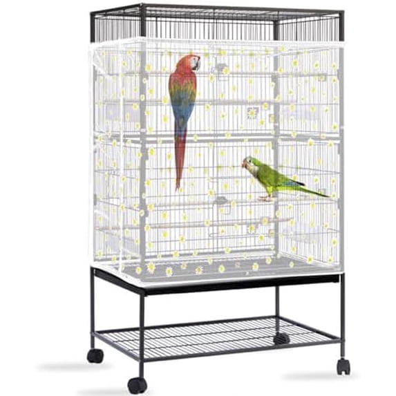 Bird Cage Seed Catcher, Large Bird Cage Cover, Adjustable Soft Airy Nylon Mesh Net, Birdcage Cover Skirt Seed Guard for Parrot Parakeet Macaw African Round Square Cages (White, Daisy Design)