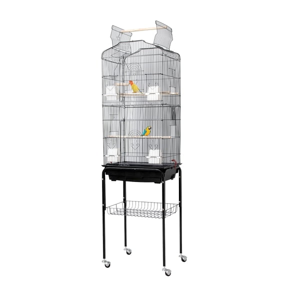 Bird Cage – Spacious Wrought Iron for Parakeets and Other Birds – Large Aviary with Wheels, Removable Tray, Wooden Perches – Durable Black Metal Construction