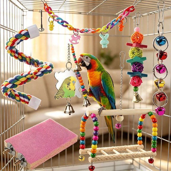 Bird Cage Toy Set, with Swings and Ladders, Wood Chew Blocks with Colorful Bells, Engaging Activity Accessories for Small Medium Parrots A Set