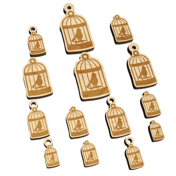 Bird Cage with Bird Wood Mini Charms Shapes DIY Craft Jewelry - No Hole - Various Sizes (16pcs)