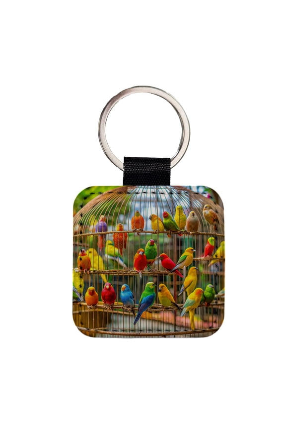 Bird Cage with Canaries Faux Leather Square Keychain